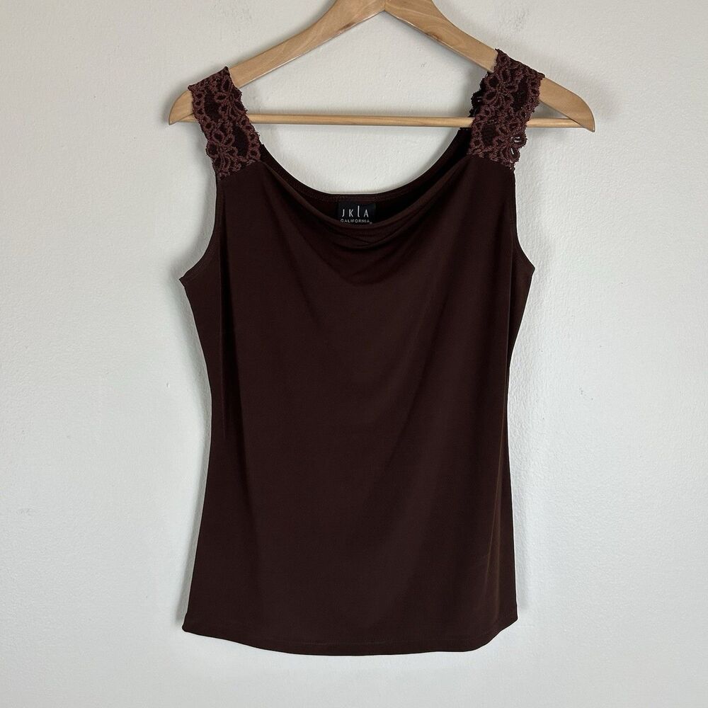 Chocolate Brown Slinky Cowl Drape Top Tank Blouse Lace Sleeve Y2K Romantic Small